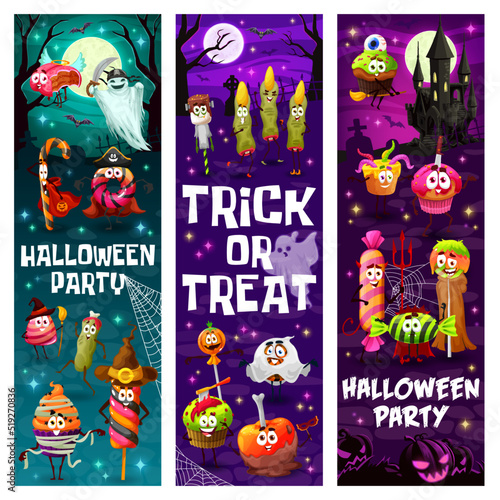 Halloween party banners, cartoon Halloween candy characters in horror night monster costumes. Vector scary pumpkins and ghosts with trick or treat sweet food, chocolate cupcakes and lollipops