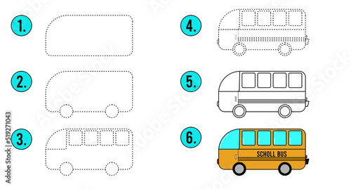 Coloring Page Outline and drawing tutorial. How to draw a car. School bus to be traced. Vector trace game. Step by step. Dot to dot educational game for kids.