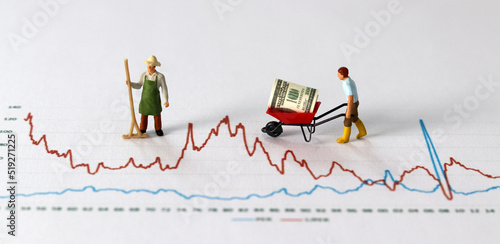 Foto Business concept with graphs and miniature people