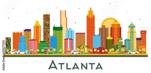 Atlanta Georgia USA City Skyline with Color Buildings and Blue Sky Isolated on White.