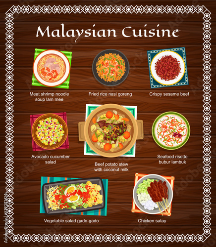 Malaysian food cuisine menu, Malaysia dishes and Asian restaurant lunch meals poster, vector. Traditional Malaysian meat and shrimp noodles soup, chicken satay and beef potato stew with coconut milk
