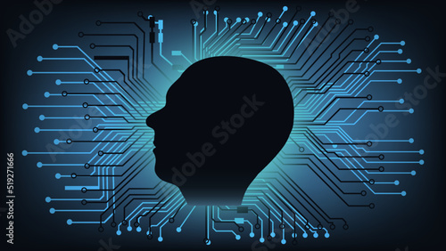 Silhouette of human head in profile in center of circuit board tracks on blue background. Human digitalization.