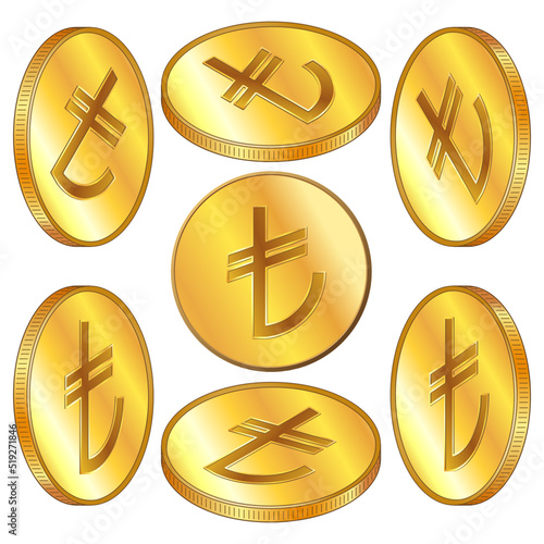 Set of golden coin Turkish lira TRY isometric view isolated on white. Design element.