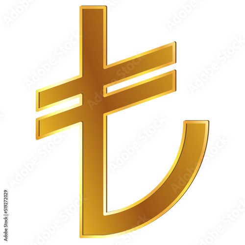 Turkish lira TRY currency golden sign front view isolated on white background. Currency by Central Bank of Turkey. Design element.