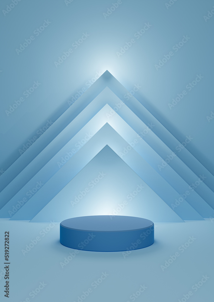 Obraz premium Bright, light sky blue 3D illustration simple, minimal product display with one cylinder stand with abstract pyramid triangle and lights at the top in the background