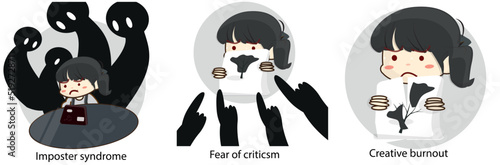 Boy and gilr have mental health and psychology concept ilustration child , imposter syndrome ,  fear of criticism , creative burnout kid . visual stories collection 2d desighn