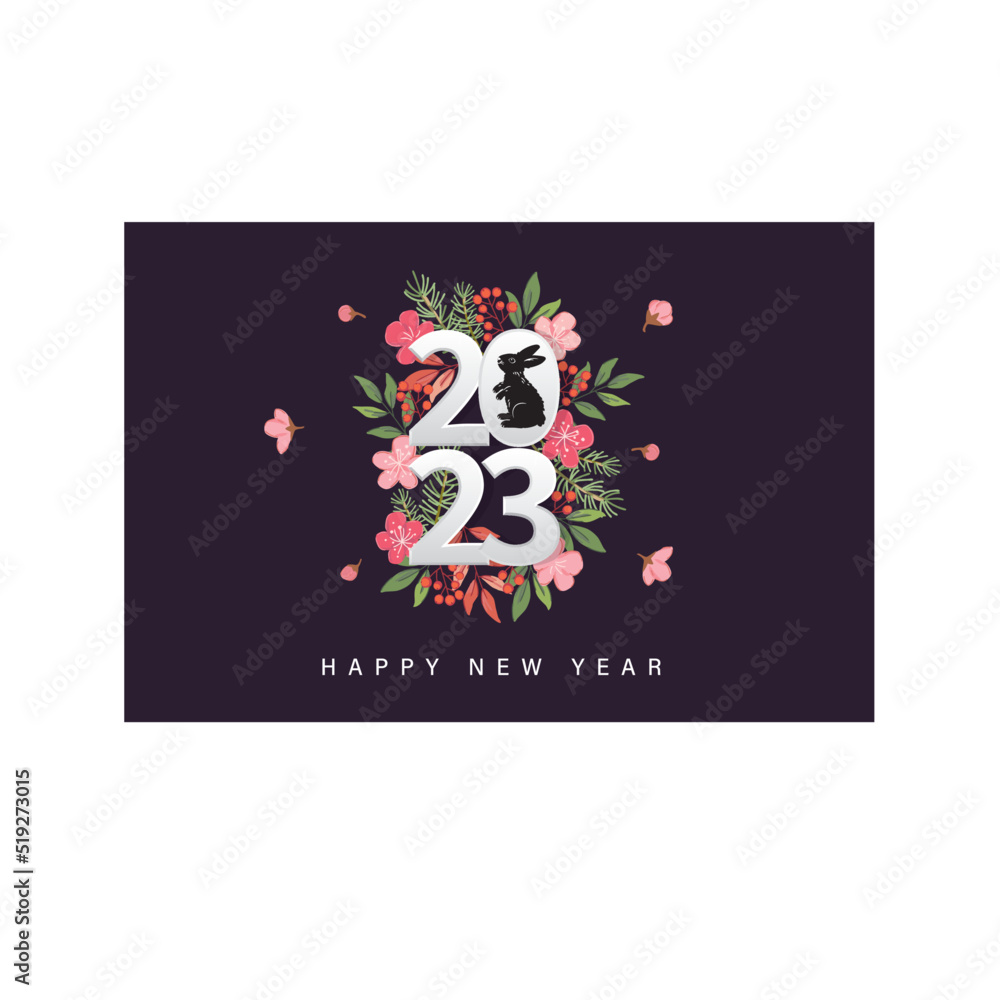 Happy new year 2023, Vector new year card design template, new year numbers and text, rabbit silhouette, winter plants. Happy new year 2023, Vector new year card design template, new year numbers and text, rabbit silhouette, winter plants.