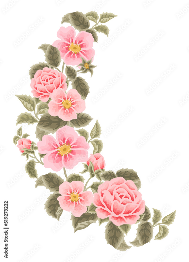 Fototapeta premium Pastel pink floral bouquet illustration with roses, peony, green leaf branches for wedding stationary, greeting card decoration, feminine and beauty elements isolated on white background
