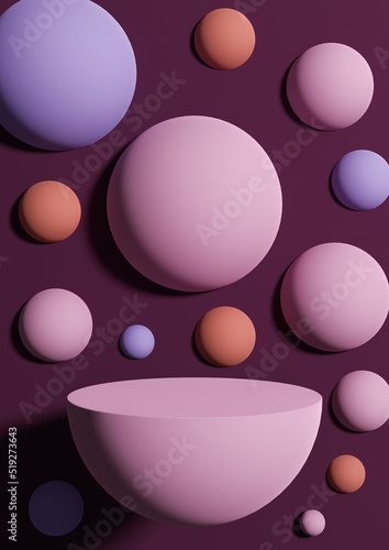 Dark magenta  purple 3d Illustration simple minimal product display background side view abstract colorful bubbles or spheres podium stand for product photography or wallpaper