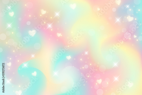 Fantasy watercolor illustration with rainbow pastel sky with stars and hearts. Abstract unicorn cosmic backdrop. Cartoon girlie vector illustration.
