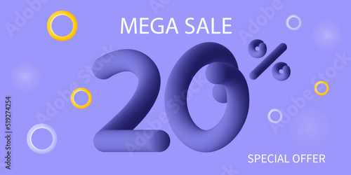 20 percent Mega Sale. Lilac loyalty discount program banner. Big super sale at reduced prices. Favorable promo deal, special offer. Hot deal. Modern background of advertising product promotion 3d. 