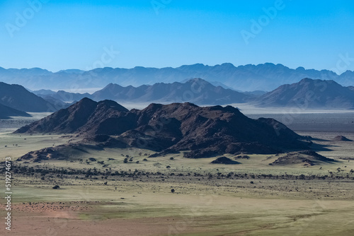 Namibia, aerial view of the Namib desert, wild landscape, panorama in rain season 