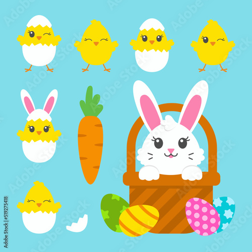 Happy Easter. Set of little cute chickens. Baby rabbit. Carrot, basket, bunny, eggs. Colored flat vector illustration isolated on blue background. Cartoon character.