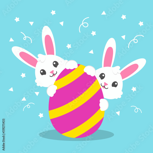 Two cute bunnies peek out from behind a large Easter egg. Happy Easter. Colored flat vector illustration isolated on blue background. Cartoon character.