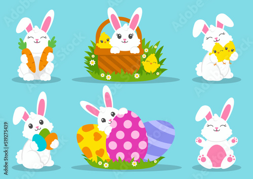 Happy Easter. Set of little cute rabbits. Carrot, basket, bunny, chicken, eggs. Colored flat vector illustration isolated on blue background. Cartoon character.