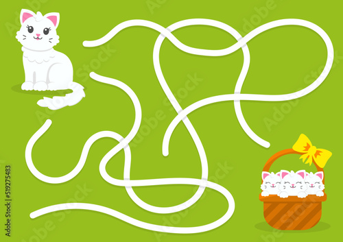 Maze game for kids. Help the cat find kittens. Labyrinth for children. Flat vector illustration isolated on color background. Cartoon character.