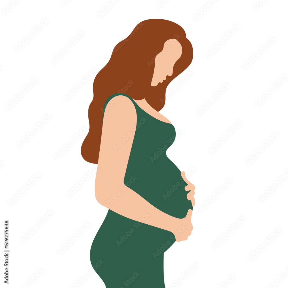 Pregnant woman with a big belly. Girl with long hair and in a dress. The joy of motherhood. Waiting for the birth of a child. Simple flat color vector illustration. Pregnant woman with a big belly. Girl with long hair and in a dress. The joy of motherhood. Waiting for the birth of a child. Simple flat color vector illustration.