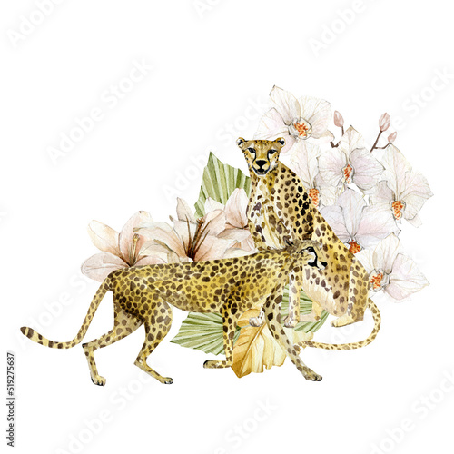Beautiful animal composition with hand drawn watercolor cute cheetah in tropical floral leaves, branches and orchid flowers. Safari kids design. Stock illustration