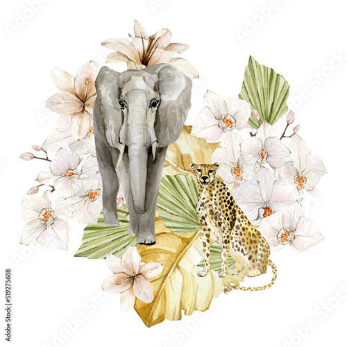 Photography Beautiful animal composition with hand drawn watercolor cute cheetah and elephant in tropical floral leaves,  branches and orchid flowers