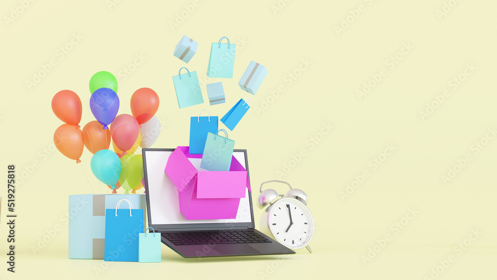 Online shopping time, shopping bag with gift box and laptop e-commerce concept, 3D rendering. Online shopping time, shopping bag with gift box and laptop e-commerce concept, 3D rendering.