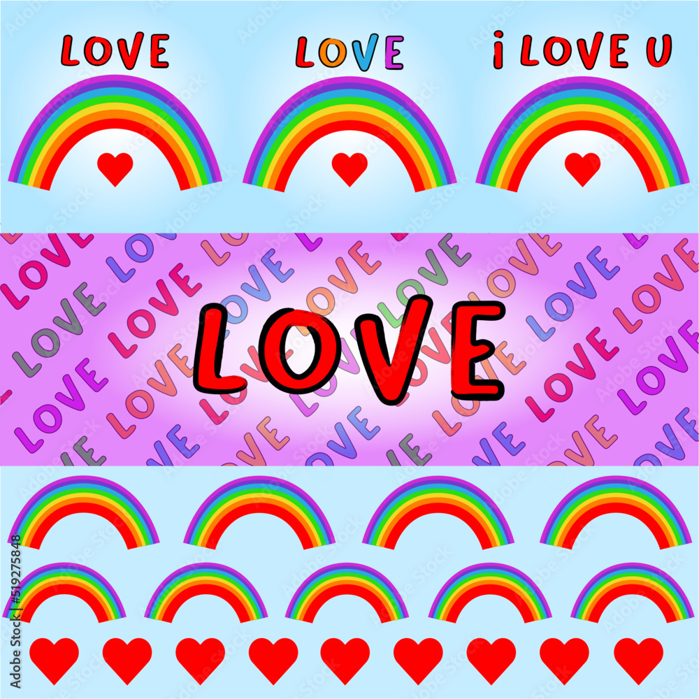 love vector pattern art, banner set with love, hearts and rainbow colorful
