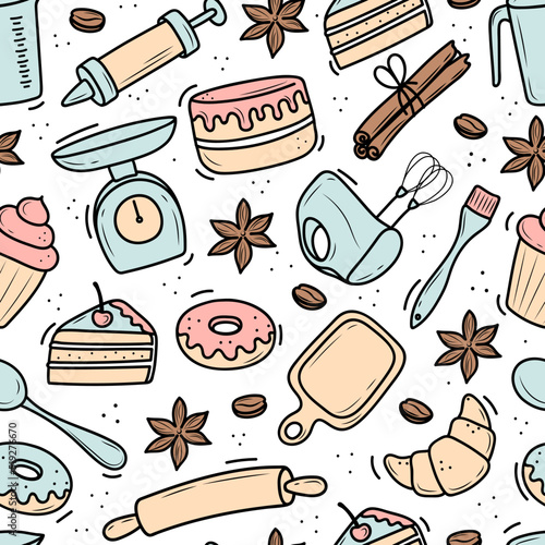 Handmade pattern of elements for baking. Doodle style.