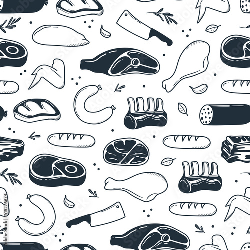 Webpattern of hand drawn meat products. illustration drawn in doodle style