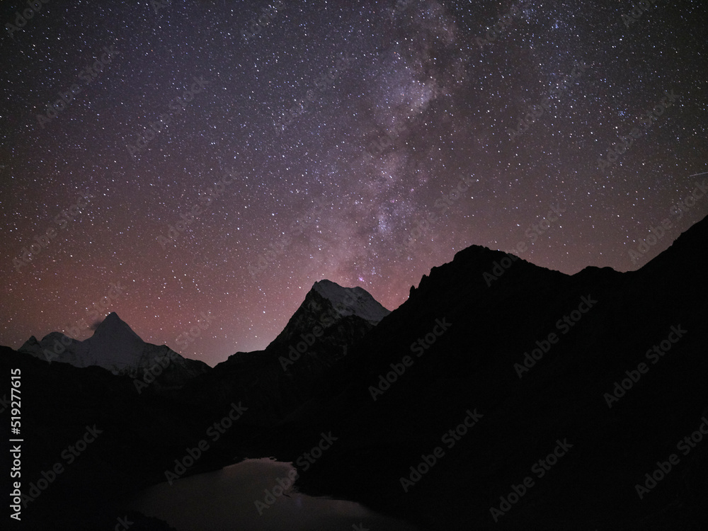 starry sky over mountains and lake in yading national park, china starry sky over mountains and lake in yading national park, china