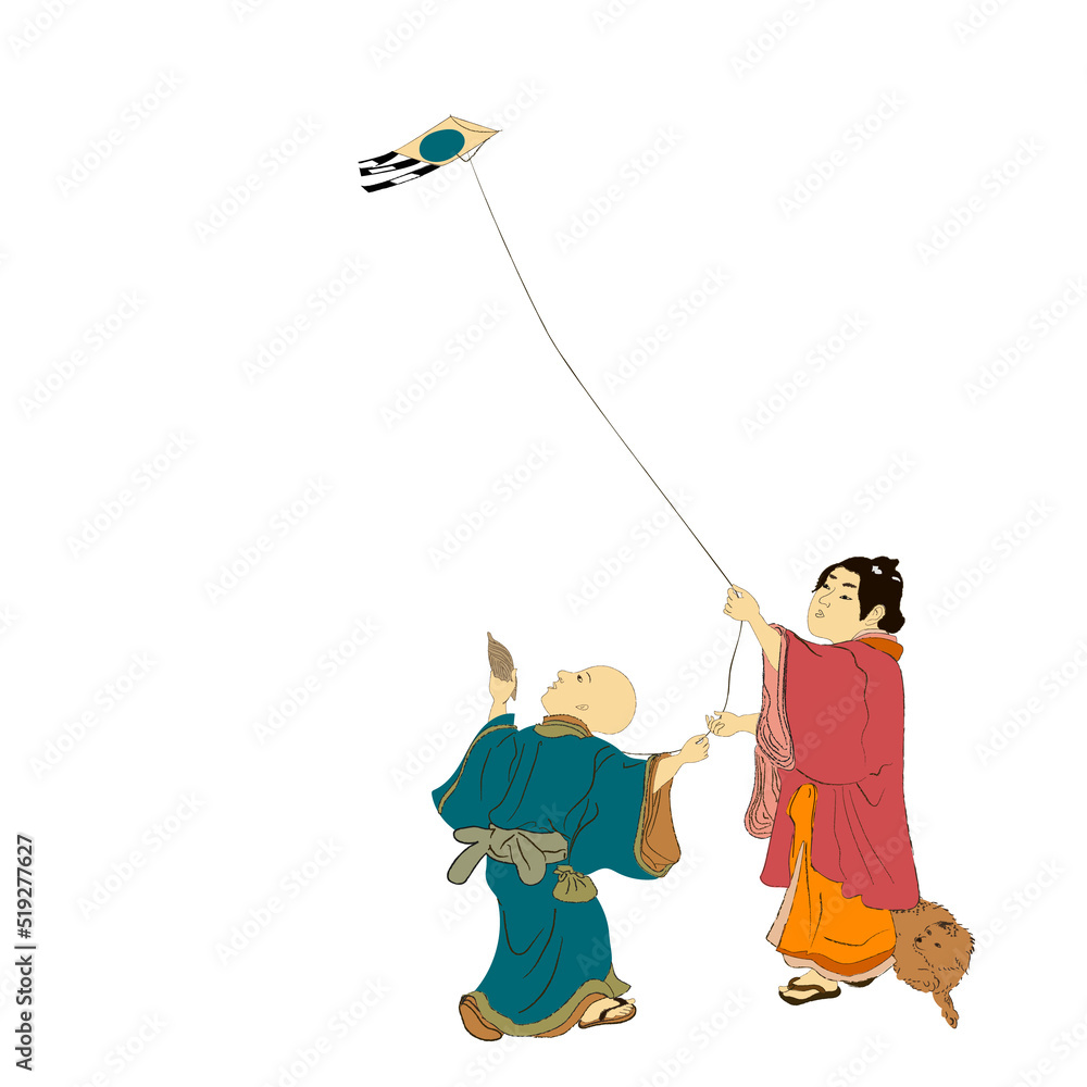 Japan culture, japanese kids with kate playing boy and girl isolated illustration. Edo period ukiyo-e children in ancient kimono kids characters play game. Japan culture, japanese kids with kate playing boy and girl isolated illustration. Edo period ukiyo-e children in ancient kimono kids characters play game.