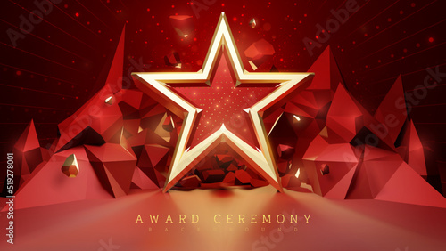 Award ceremony background with 3d golden star elements and stone decoration with glitter light effects and bokeh.