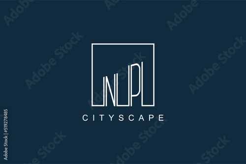 Initials NP logo with modern minimal elegant square line and abstract building