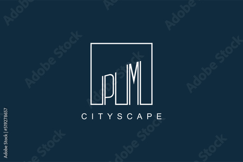 Initials PM logo with modern minimal elegant square line and abstract building