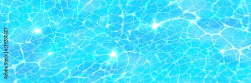 Water surface top view horizontal background with sunlight glare reflections, caustic ripples and waves. Clear blue ocean texture. Bright vector summer time background.