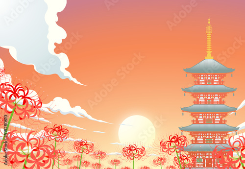 ヒガンバナ　彼岸花　夕焼け空　五重塔