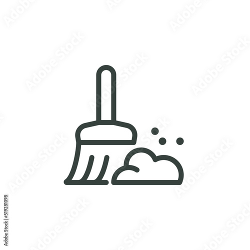 Thin Outline Icon Broom, Besom or Short Brush of Bound Straw Near a Pile of Garbage. Such Line sign as Cleaning Garbage, Cleanup, Sweeping. Vector Computer Pictograms White Background Editable Stroke.