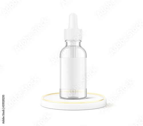 Dropper bottle mockup on podium. Vector illustration isolated on white background. Сan be used for cosmetic, medical and other needs. EPS10.