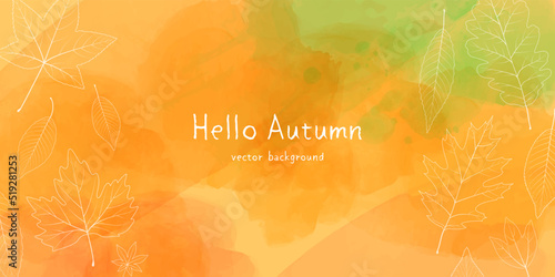 Vector illustration of autumn banner background. Botanical leaves line art and watercolor.