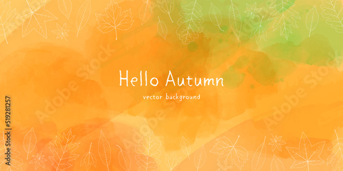 Vector illustration of autumn banner background. Botanical leaves line art and watercolor.