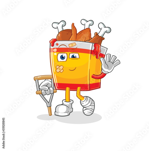 fried chicken sick with limping stick. cartoon mascot vector