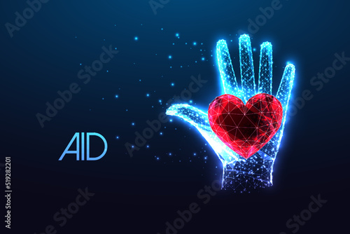 Concept of Aid social help, volunteering, kindness with hand and red heart shape, futuristic style 