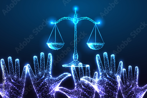 Social justice, equality laws concept with raising hands and scales in futuristic style on dark blue