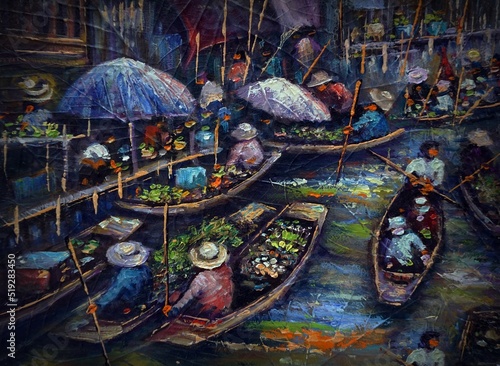 Art painting Oil color Floating market Thai land , countryside , rural life , rural thailand