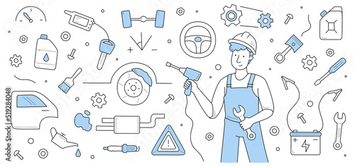 Car service doodle concept. Mechanic character dressed in overalls hold drill and wrench, repair staff with instruments in garage. Auto checking, fixing and maintenance, Linear vector web banner