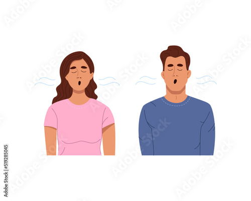 Man and woman doing breathing exercises. Young persons deep inhales and exhales air. Relaxation, healthy lifestyle concept. Flat style vector illustration isolated on white background