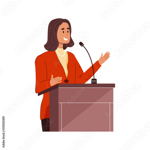 Confident smiling businesswoman speaks into microphone standing behind podium. Female leader giving a speech. Flat vector illustration isolated on white background
