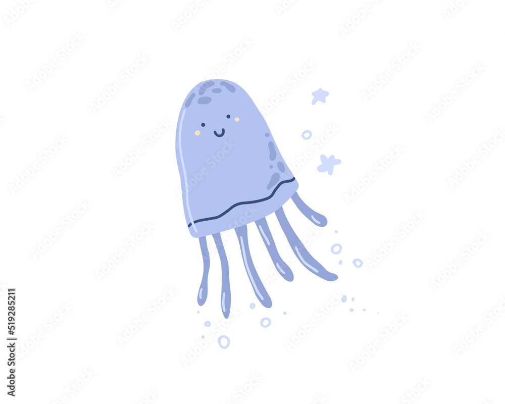 Cute smiling jellyfish or medusa in Scandinavian style. Happy funny sea, ocean animal, underwater creature character. Childish Scandi flat vector illustration isolated on white background Cute smiling jellyfish or medusa in Scandinavian style. Happy funny sea, ocean animal, underwater creature character. Childish Scandi flat vector illustration isolated on white background