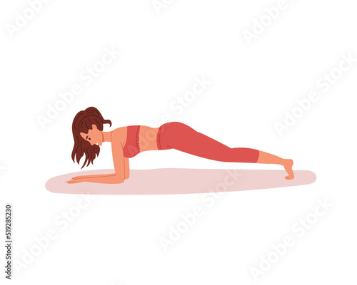 Young woman doing plank exercise. Fit girl sports at home. Daily training concept. Flat vector illustration isolated on white background