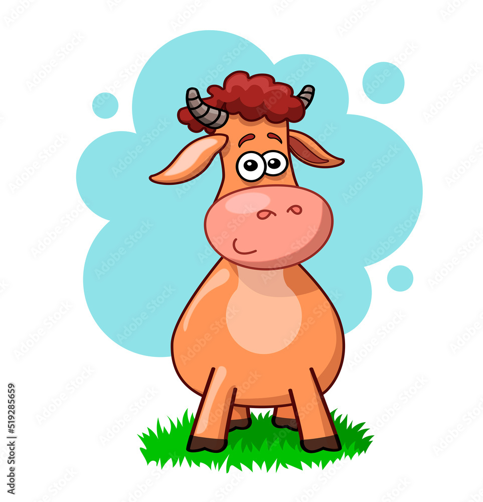 cartoon bull with a curly hairstyle stands on green grass