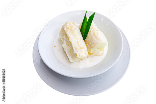 Traditional food steam thai cassava topping with coconut milk and sesame seed