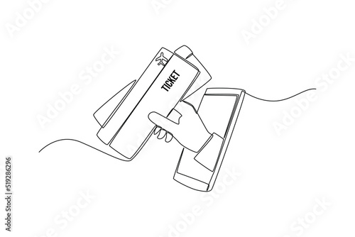 Single one line drawing hand holding plane ticket booked online by  smartphone. Online ticket concept.  Continuous line draw design graphic vector illustration.